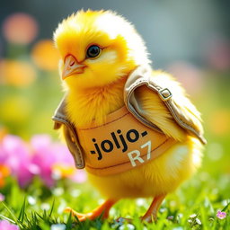 A cute yellow chick that looks very realistic, wearing a fashionable girl’s outfit