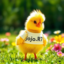 A cute yellow chick that looks very realistic, wearing a fashionable girl’s outfit