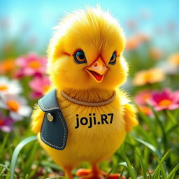A cute yellow chick that looks very realistic, wearing a fashionable girl’s outfit