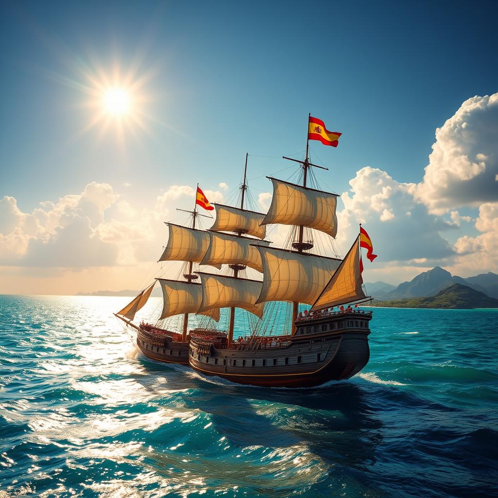 Las tres carabelas de Cristóbal Colón, la Niña, la Pinta y la Santa María, llegando majestuosamente a las costas de La Española