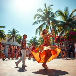 A vibrant scene illustrating Cuban dancing on a bright summer day