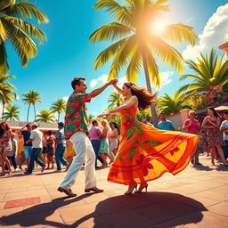 A vibrant scene illustrating Cuban dancing on a bright summer day