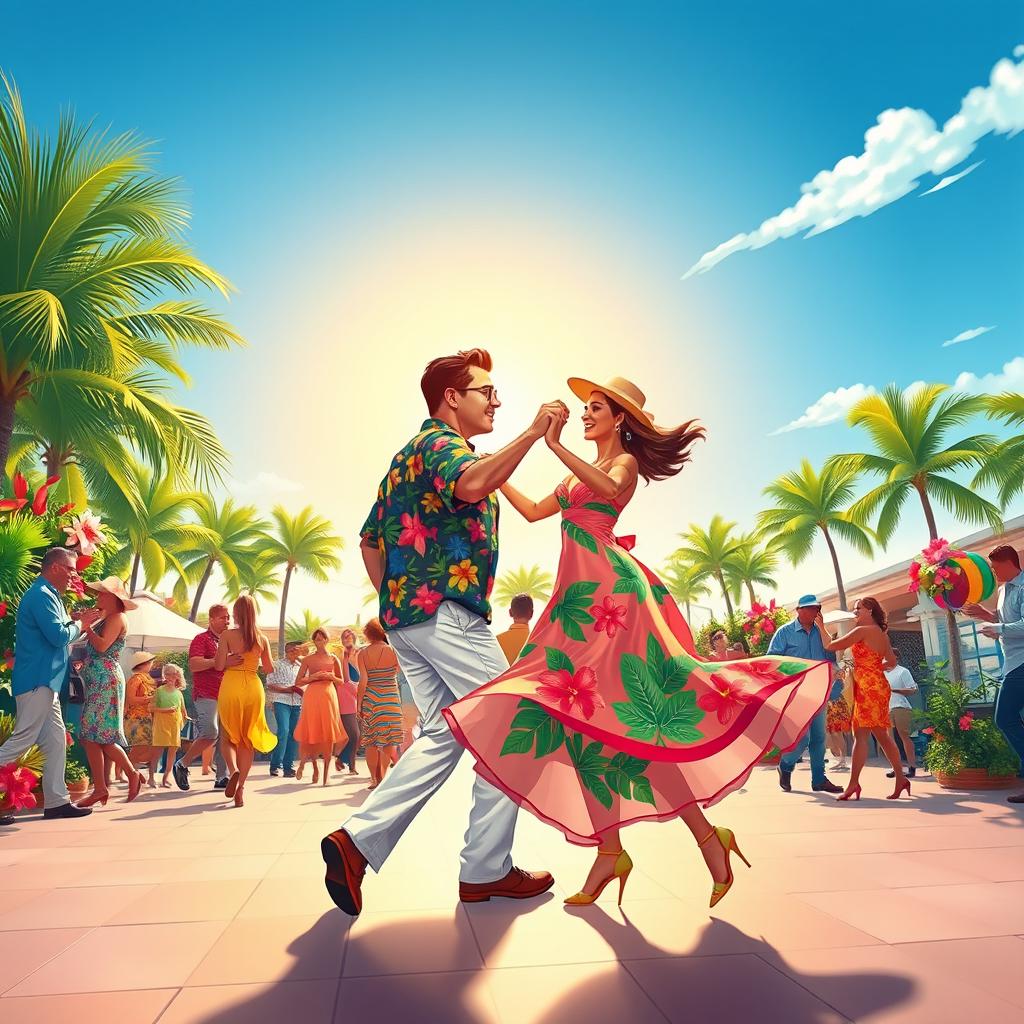 A vibrant scene illustrating Cuban dancing on a bright summer day
