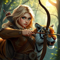 A fantasy-style young female blonde human ranger, depicted in a vibrant Dungeons & Dragons aesthetic
