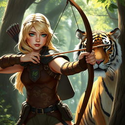 A fantasy-style young female blonde human ranger, depicted in a vibrant Dungeons & Dragons aesthetic