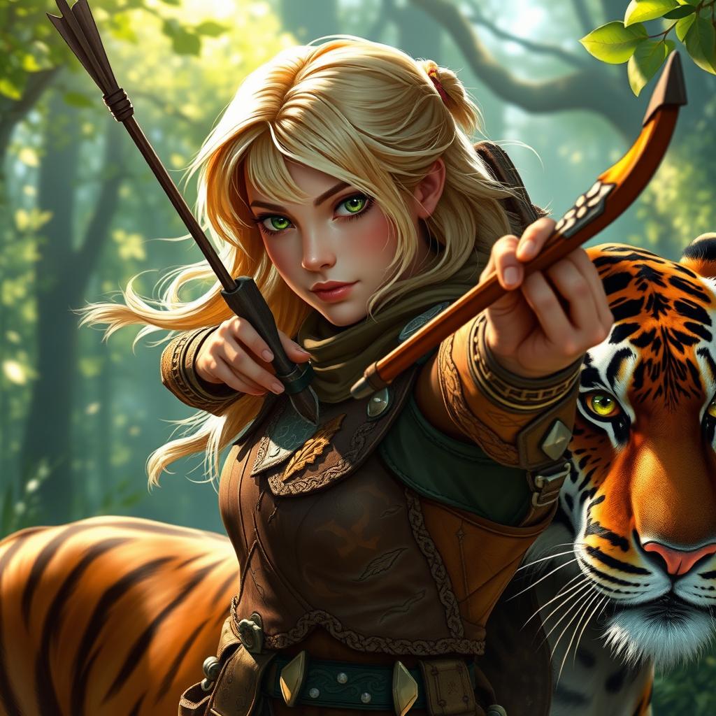 A fantasy-style young female blonde human ranger, depicted in a vibrant Dungeons & Dragons aesthetic