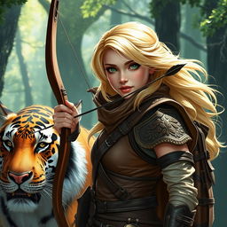 A fantasy-style young female blonde human ranger, depicted in a vibrant Dungeons & Dragons aesthetic