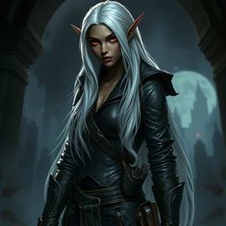 A dark-skinned female elf with long white hair and striking red eyes, dressed as a skilled thief