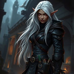 A dark-skinned female elf with long white hair and striking red eyes, dressed as a skilled thief