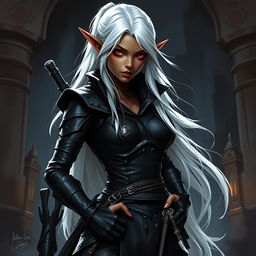 A dark-skinned female elf with long white hair and striking red eyes, dressed as a skilled thief