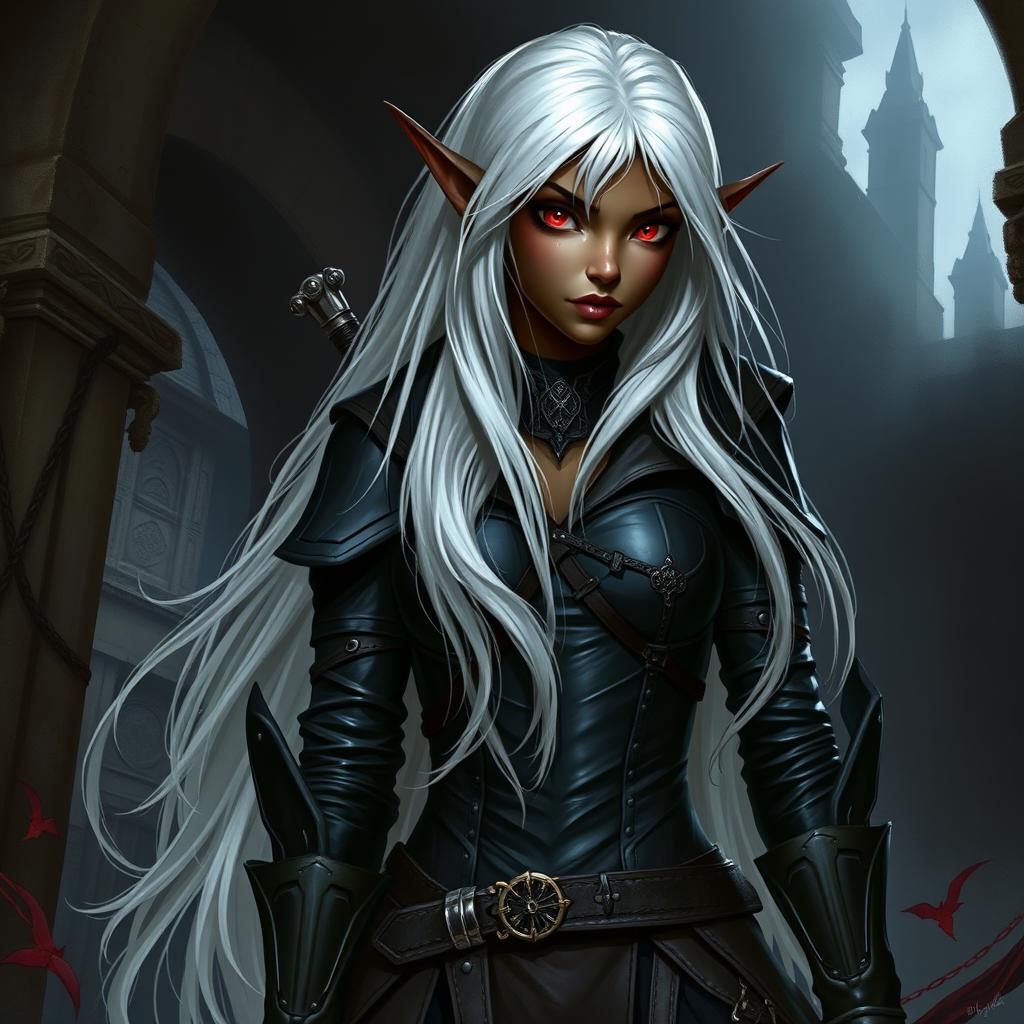 A dark-skinned female elf with long white hair and striking red eyes, dressed as a skilled thief