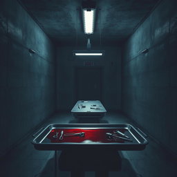 A dark and atmospheric book cover artwork for a psychological thriller novel, depicting a cold and eerie underground hospital laboratory