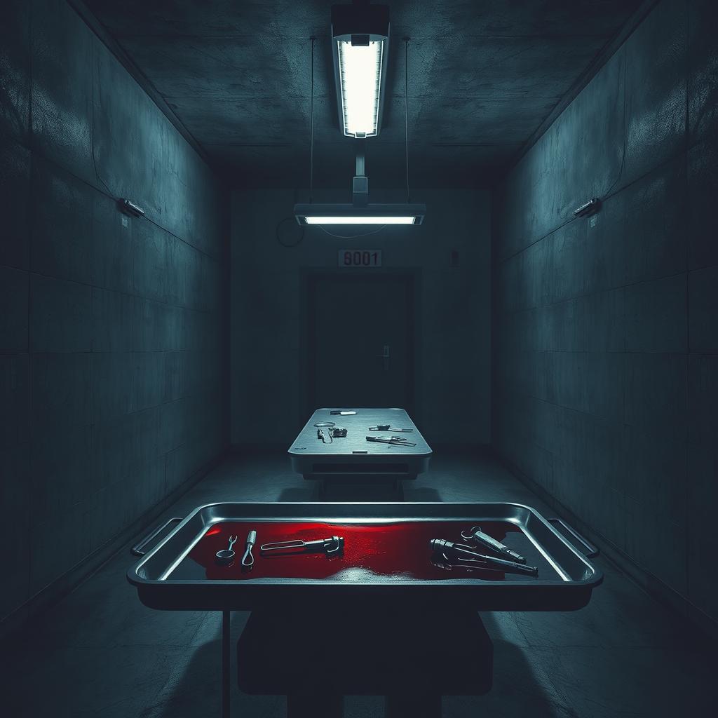 A dark and atmospheric book cover artwork for a psychological thriller novel, depicting a cold and eerie underground hospital laboratory