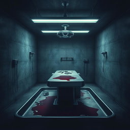 A dark and atmospheric book cover artwork for a psychological thriller novel, depicting a cold and eerie underground hospital laboratory