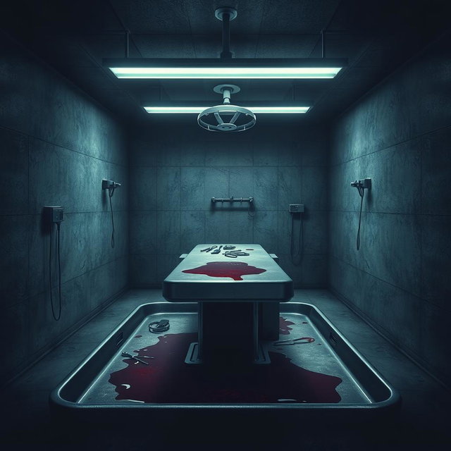 A dark and atmospheric book cover artwork for a psychological thriller novel, depicting a cold and eerie underground hospital laboratory