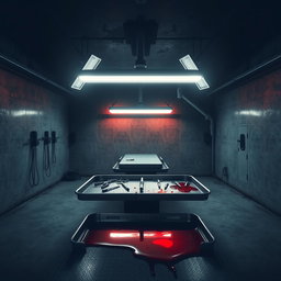 A dark and atmospheric book cover artwork for a psychological thriller novel, depicting a cold and eerie underground hospital laboratory