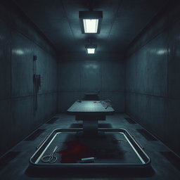 A dark and atmospheric book cover artwork for a psychological thriller novel, depicting a cold and eerie underground hospital laboratory