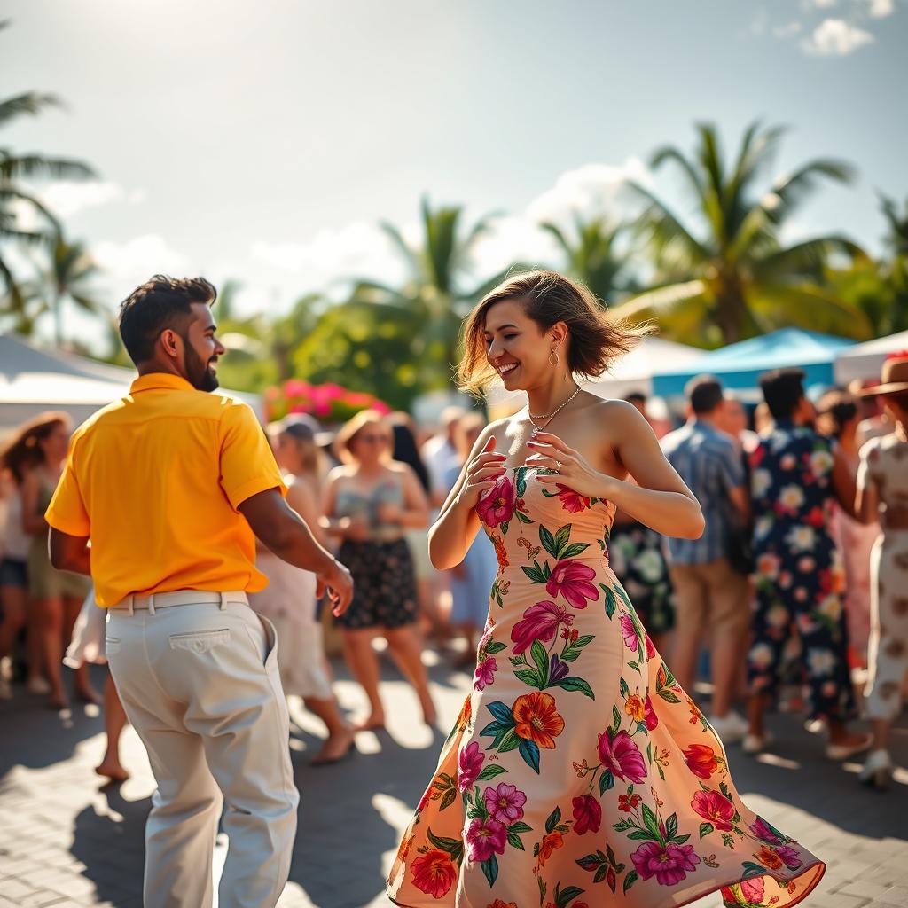 A lively scene showcasing Cuban dancing on a bright summer day