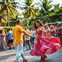 A lively scene showcasing Cuban dancing on a bright summer day