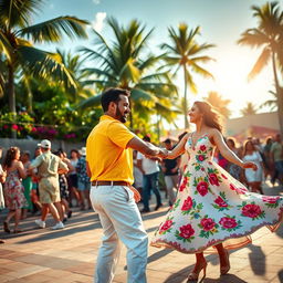 A lively scene showcasing Cuban dancing on a bright summer day