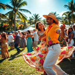 A lively scene showcasing Cuban dancing on a bright summer day