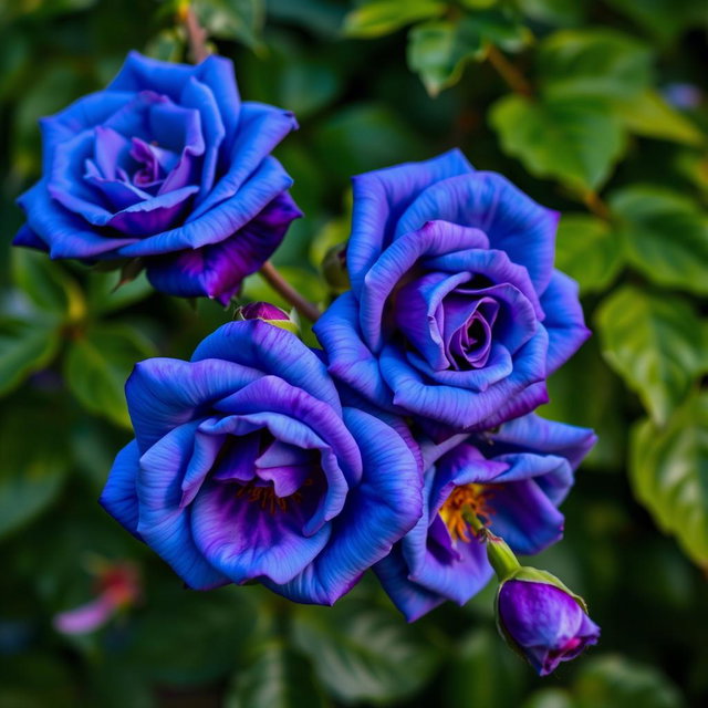A beautiful branch of roses featuring blue and purple blooms, surrounded by lush green leaves