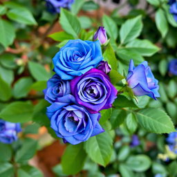 A beautiful branch of roses featuring blue and purple blooms, surrounded by lush green leaves