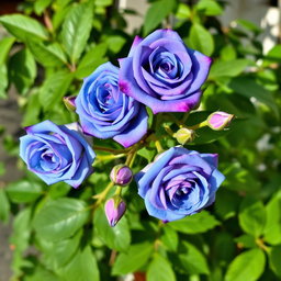 A beautiful branch of roses featuring blue and purple blooms, surrounded by lush green leaves