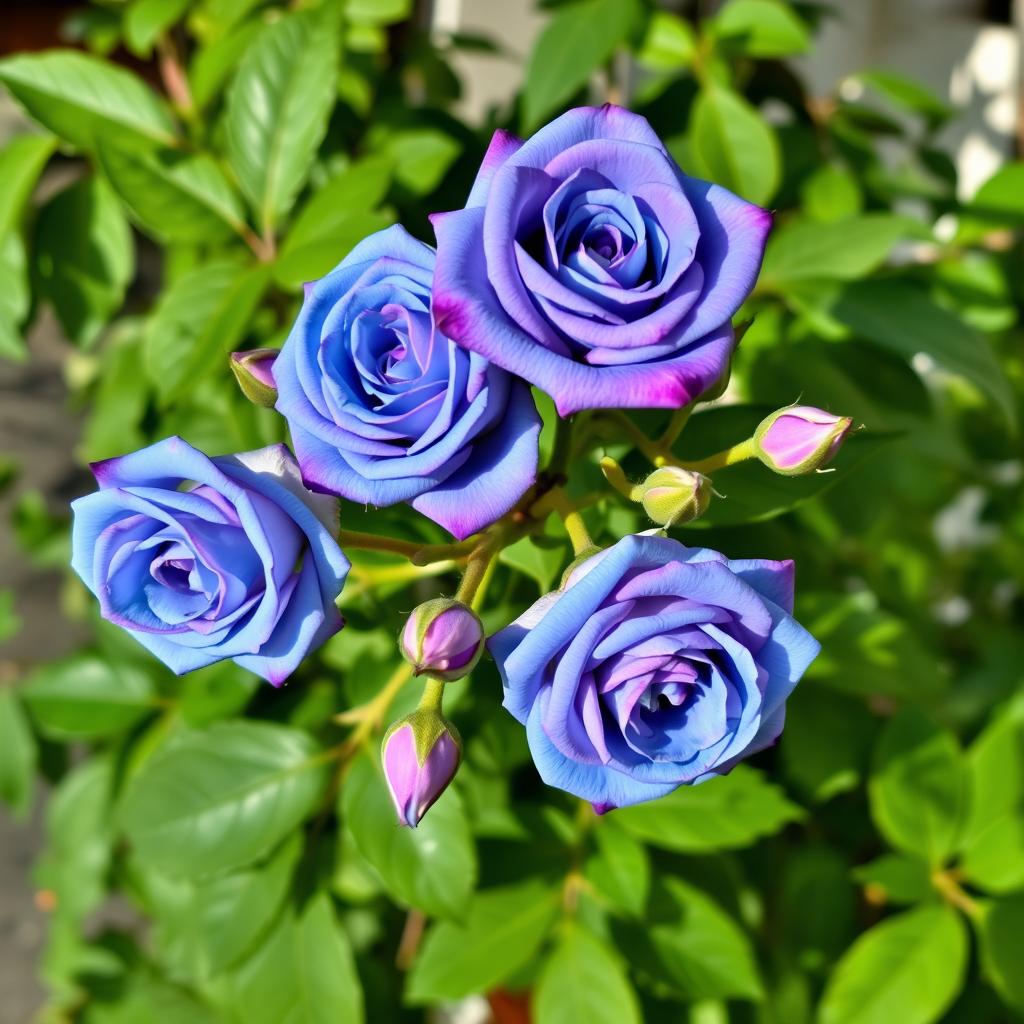A beautiful branch of roses featuring blue and purple blooms, surrounded by lush green leaves