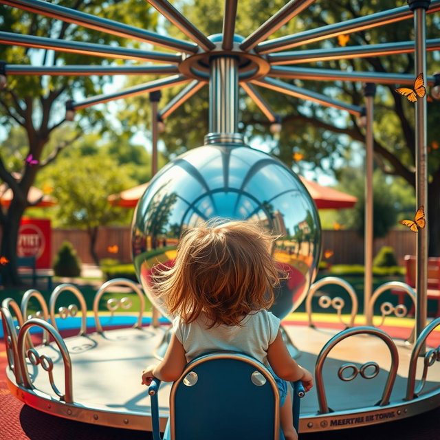 A whimsical scene depicting a metal merry-go-round in a vibrant playground