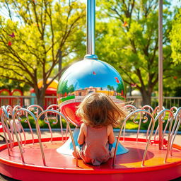 A whimsical scene depicting a metal merry-go-round in a vibrant playground