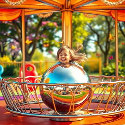 A whimsical scene depicting a metal merry-go-round in a vibrant playground