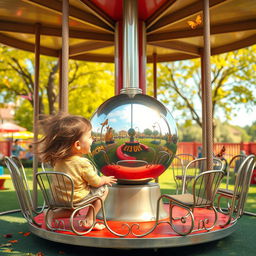 A whimsical scene depicting a metal merry-go-round in a vibrant playground