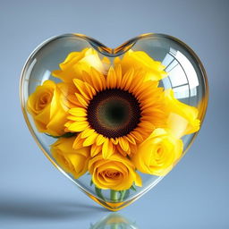 A beautiful transparent heart filled with vibrant yellow roses and a sunflower, showcasing their intricate details and vivid colors