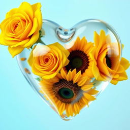 A beautiful transparent heart filled with vibrant yellow roses and a sunflower, showcasing their intricate details and vivid colors