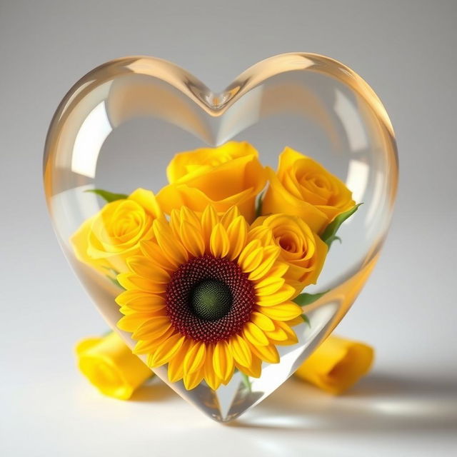 A beautiful transparent heart filled with vibrant yellow roses and a sunflower, showcasing their intricate details and vivid colors