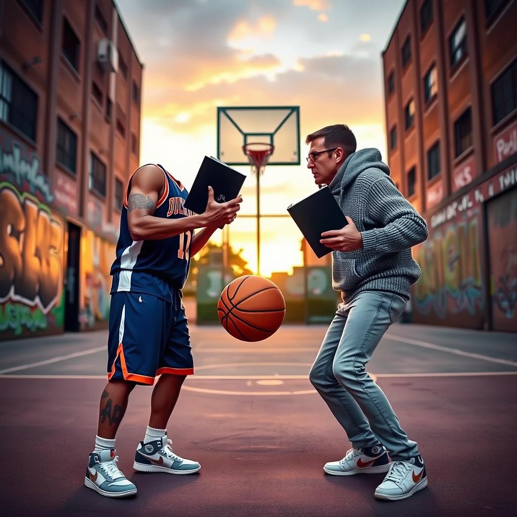 A dynamic scene depicting two enemies facing off, each holding a basketball in one hand and a book in the other