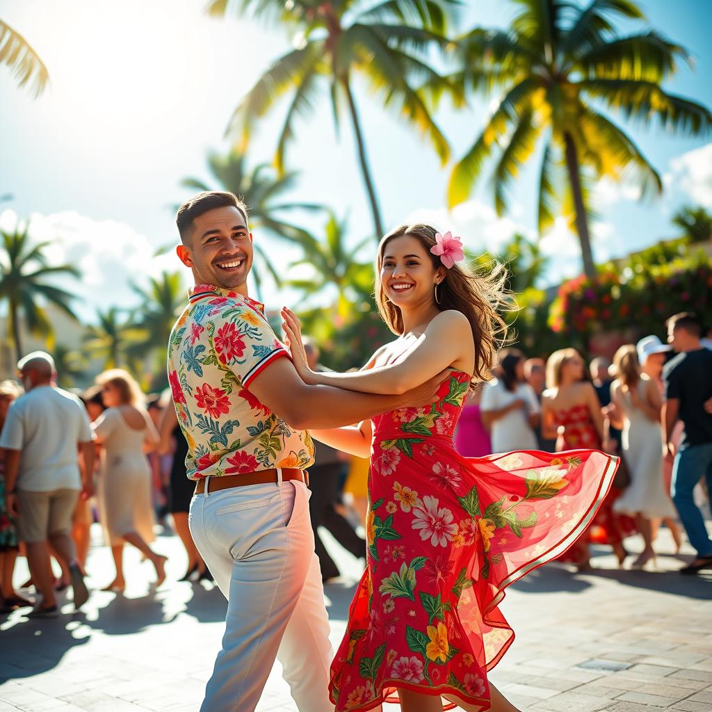 A lively portrayal of Cuban dancing under a bright summer sun, set in a bustling outdoor plaza