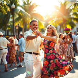 A lively portrayal of Cuban dancing under a bright summer sun, set in a bustling outdoor plaza