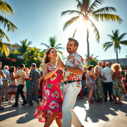 A lively portrayal of Cuban dancing under a bright summer sun, set in a bustling outdoor plaza