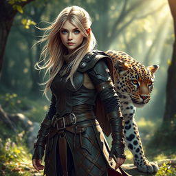 A fantasy-style young female blonde human ranger, dressed in intricately designed leather armor that blends seamlessly with the wild environment