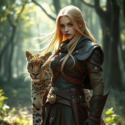 A fantasy-style young female blonde human ranger, dressed in intricately designed leather armor that blends seamlessly with the wild environment