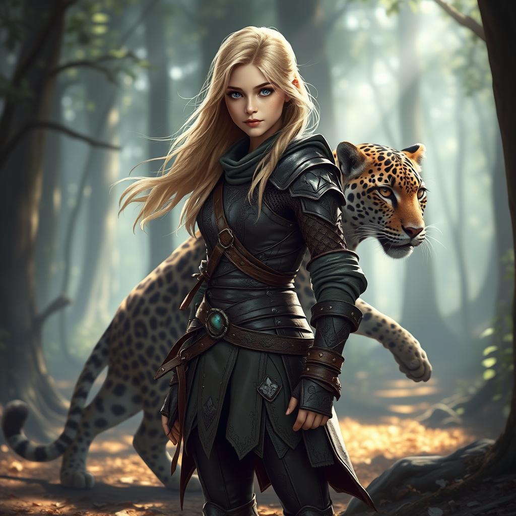 A fantasy-style young female blonde human ranger, dressed in intricately designed leather armor that blends seamlessly with the wild environment
