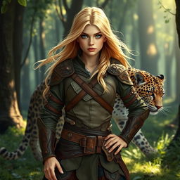 A fantasy-style young female blonde human ranger, dressed in intricately designed leather armor that blends seamlessly with the wild environment