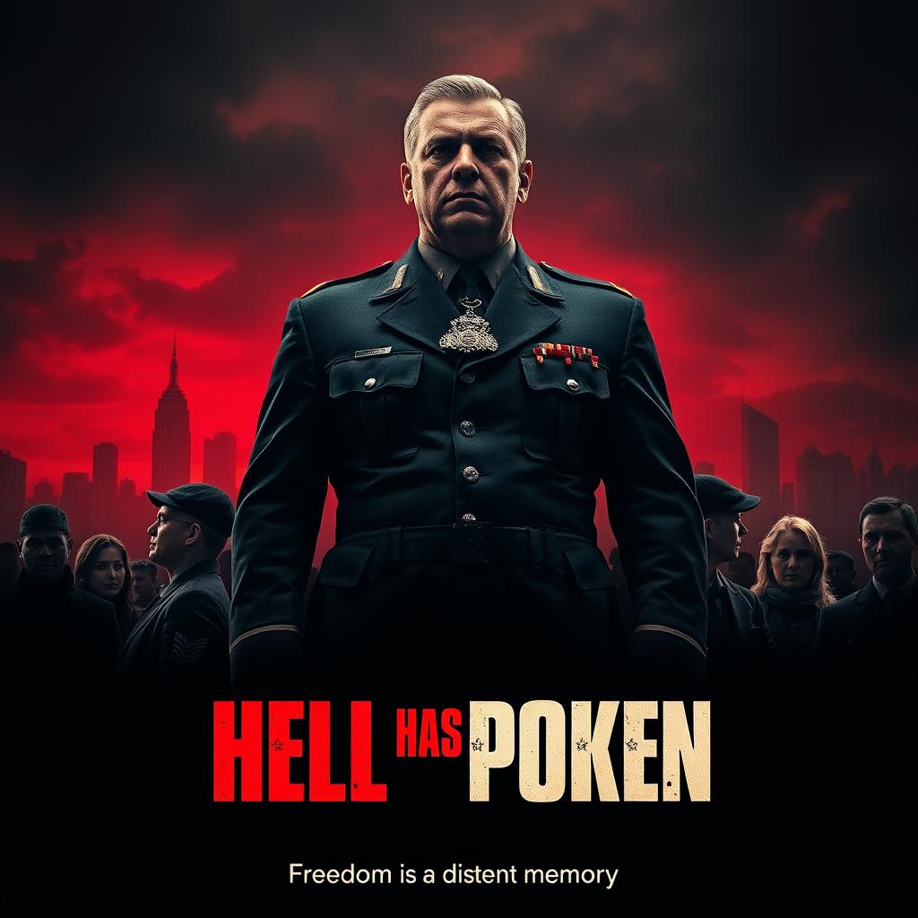 A dramatic movie poster for a fictional film titled "Hell Has Spoken", set in a dystopian America under dictatorship