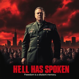 A dramatic movie poster for a fictional film titled "Hell Has Spoken", set in a dystopian America under dictatorship