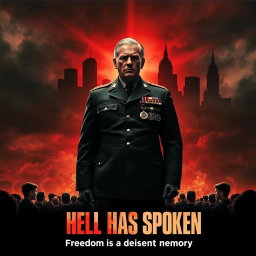 A dramatic movie poster for a fictional film titled "Hell Has Spoken", set in a dystopian America under dictatorship