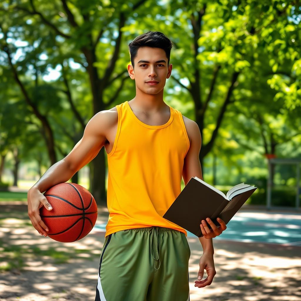 A young man standing confidently in a park, holding a basketball in his right hand and an open book in his left hand