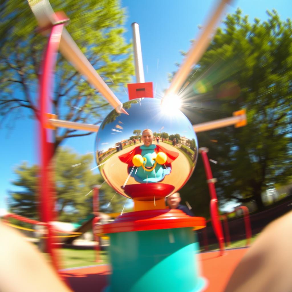 A whimsical view from the perspective of someone sitting on a simple metal merry-go-round, spinning around joyfully