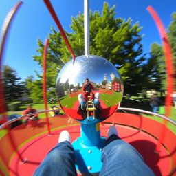 A whimsical view from the perspective of someone sitting on a simple metal merry-go-round, spinning around joyfully